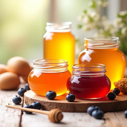 Vasi di miele e confetture artigianali con frutta fresca