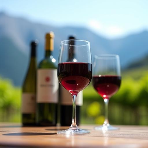 Bicchiere di vino rosso con bottiglie e vigneti di montagna sullo sfondo