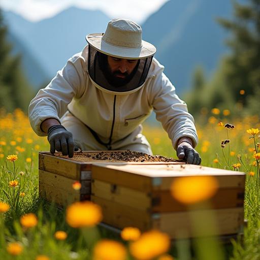 L'apicoltore Marco Vesan mentre controlla un'arnia