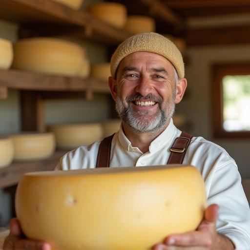 Il casaro della famiglia Chabod con una forma di Fontina
